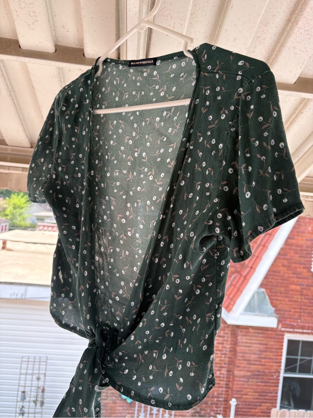 Brandy Melville Forest Green Floral Tie-Front Top